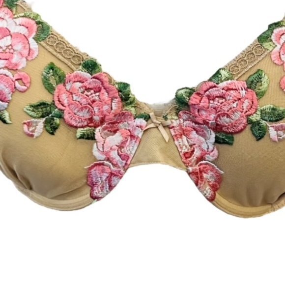 M. VIE INTIMATES Padded Bra Size 38D Beige Mesh Floral Embroidery New with Bag - Picture 2 of 10